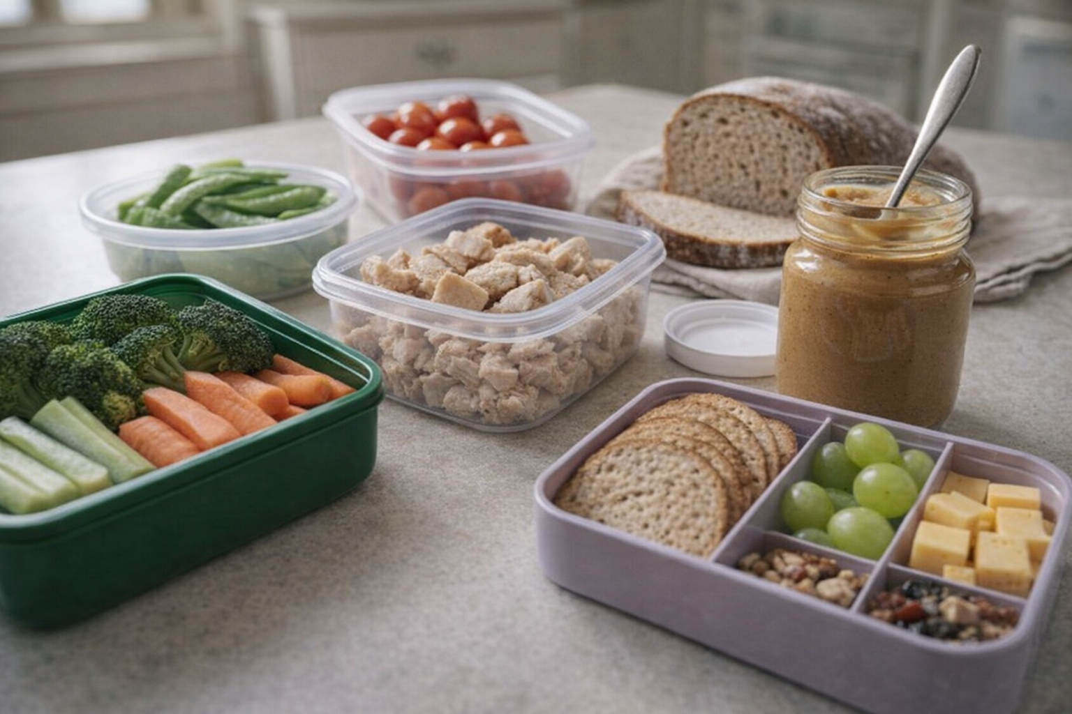 A close-up shot of various lunch-packing components on a clean countertop: pre-cut vegetables in containers, cooked chicken in a sealed container, whole-grain bread, a jar of nut butter, and a bento box. Soft, diffused lighting